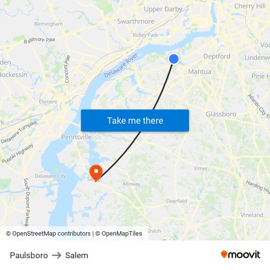 Paulsboro to Salem map