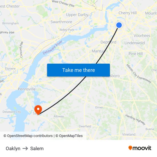 Oaklyn to Salem map