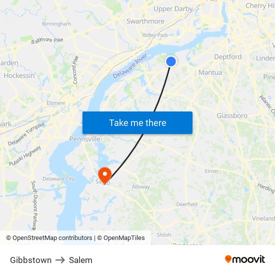 Gibbstown to Salem map