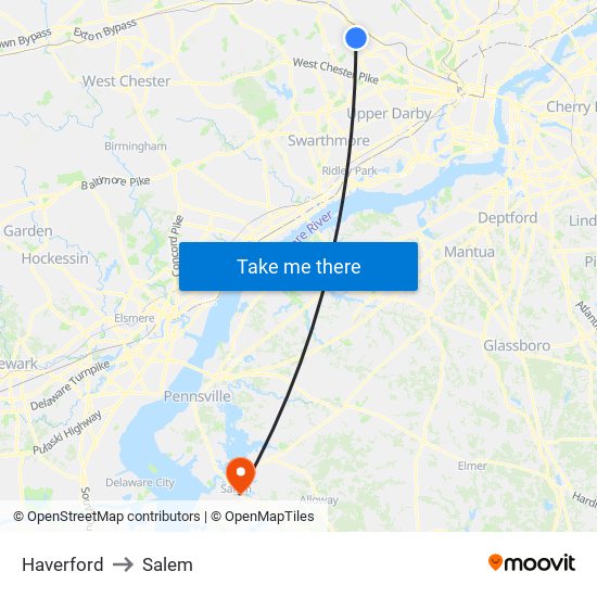 Haverford to Salem map