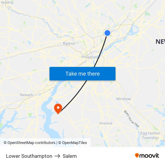 Lower Southampton to Salem map