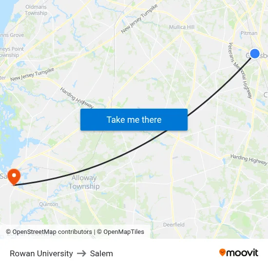 Rowan University to Salem map