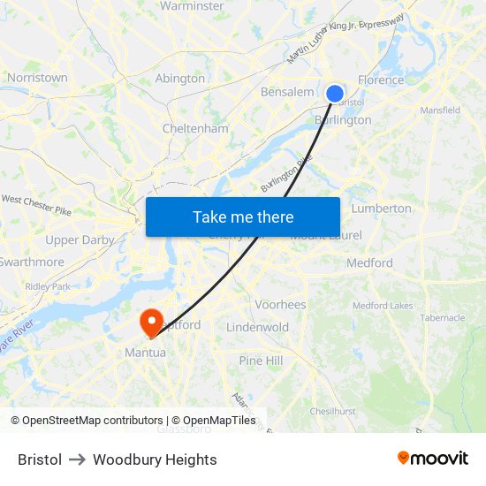 Bristol to Woodbury Heights map