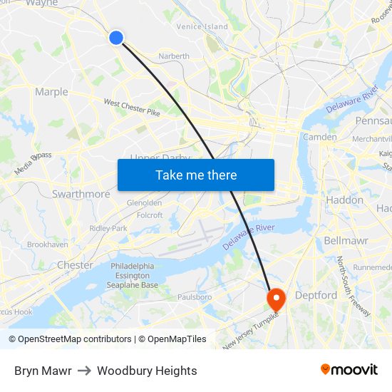 Bryn Mawr to Woodbury Heights map