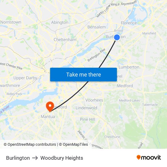 Burlington to Woodbury Heights map