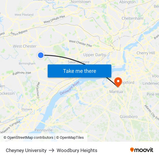 Cheyney University to Woodbury Heights map