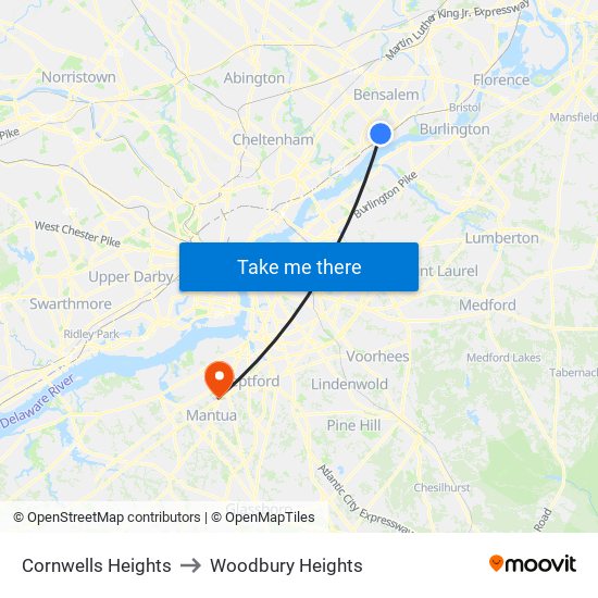 Cornwells Heights to Woodbury Heights map