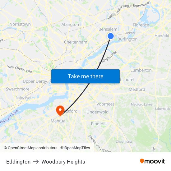 Eddington to Woodbury Heights map