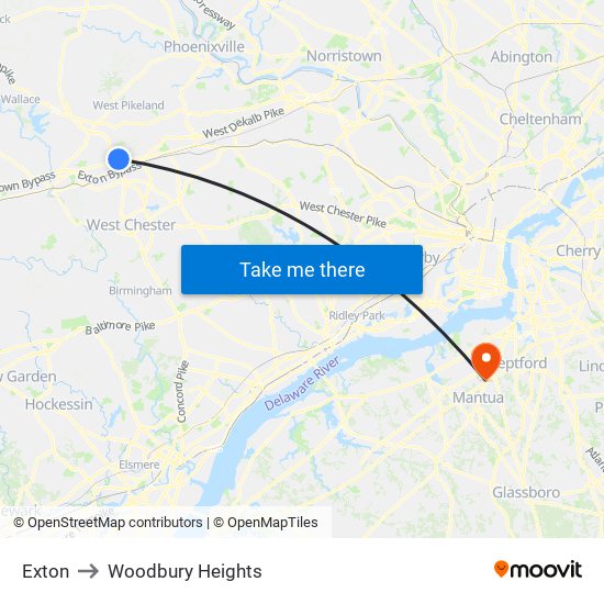 Exton to Woodbury Heights map