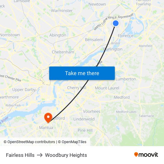 Fairless Hills to Woodbury Heights map