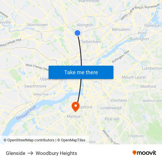 Glenside to Woodbury Heights map