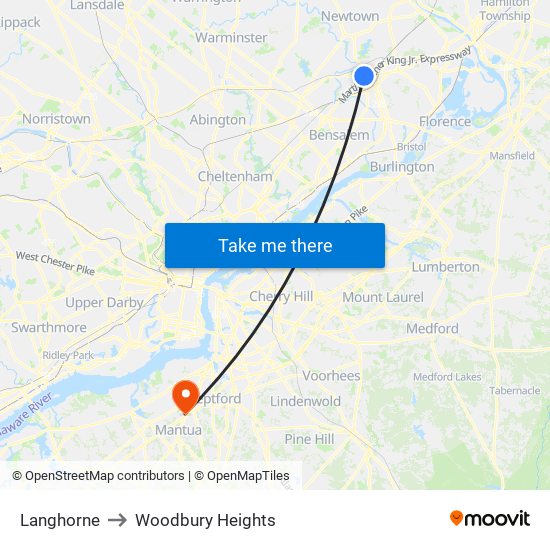 Langhorne to Woodbury Heights map