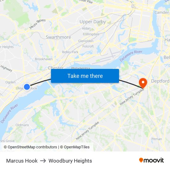 Marcus Hook to Woodbury Heights map