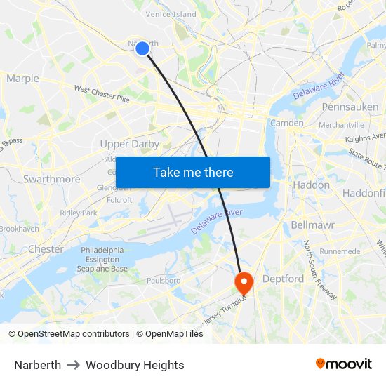 Narberth to Woodbury Heights map