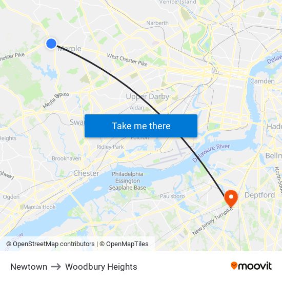 Newtown to Woodbury Heights map