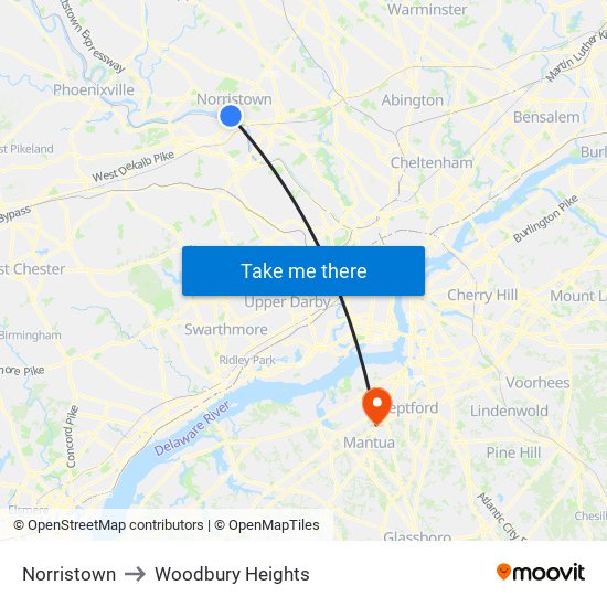 Norristown to Woodbury Heights map
