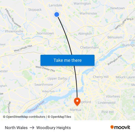 North Wales to Woodbury Heights map