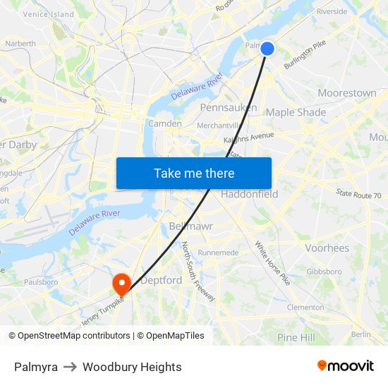 Palmyra to Woodbury Heights map