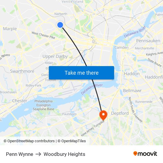 Penn Wynne to Woodbury Heights map