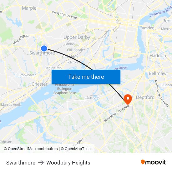 Swarthmore to Woodbury Heights map