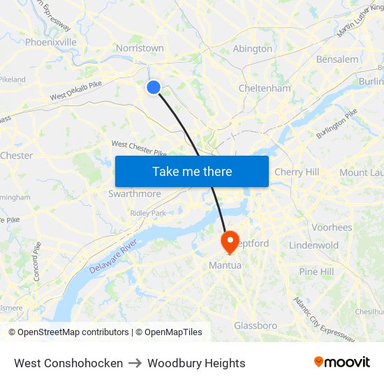 West Conshohocken to Woodbury Heights map