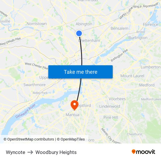 Wyncote to Woodbury Heights map