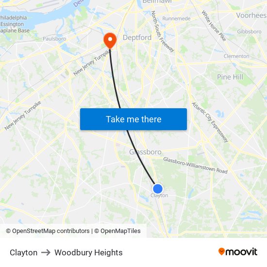 Clayton to Woodbury Heights map