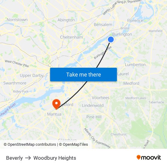 Beverly to Woodbury Heights map