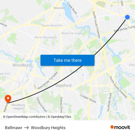 Bellmawr to Woodbury Heights map