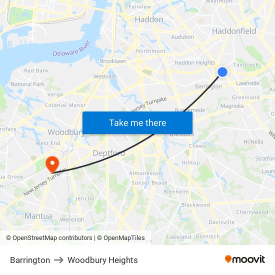 Barrington to Woodbury Heights map