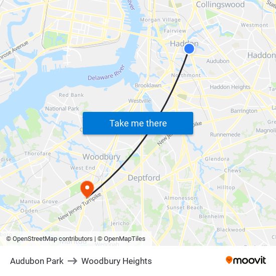 Audubon Park to Woodbury Heights map