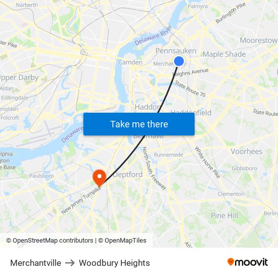 Merchantville to Woodbury Heights map