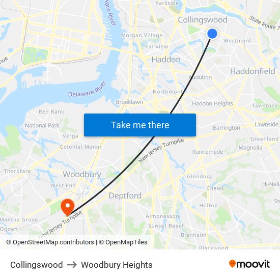 Collingswood to Woodbury Heights map