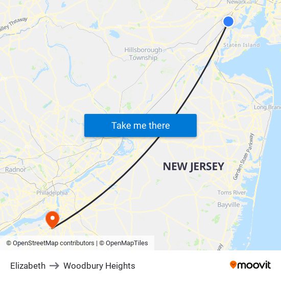 Elizabeth to Woodbury Heights map