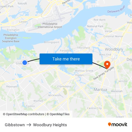 Gibbstown to Woodbury Heights map