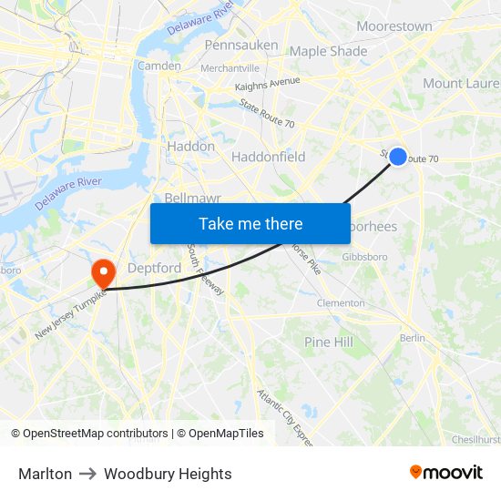 Marlton to Woodbury Heights map