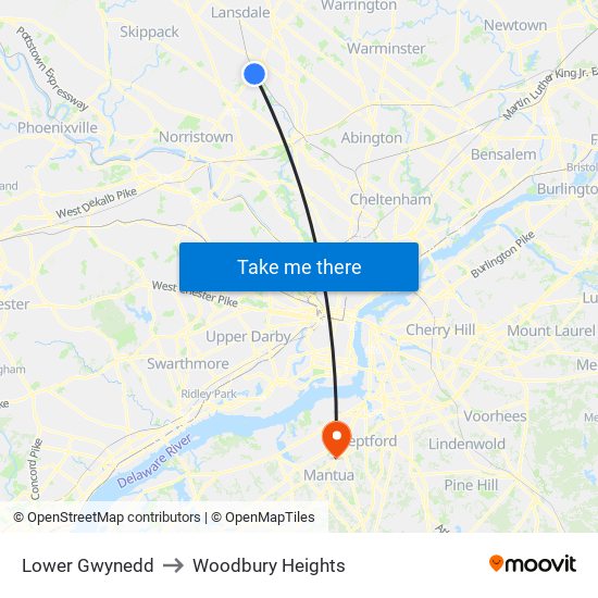 Lower Gwynedd to Woodbury Heights map