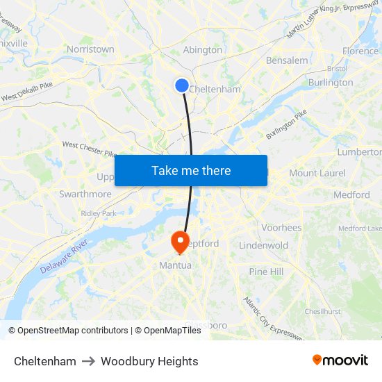 Cheltenham to Woodbury Heights map