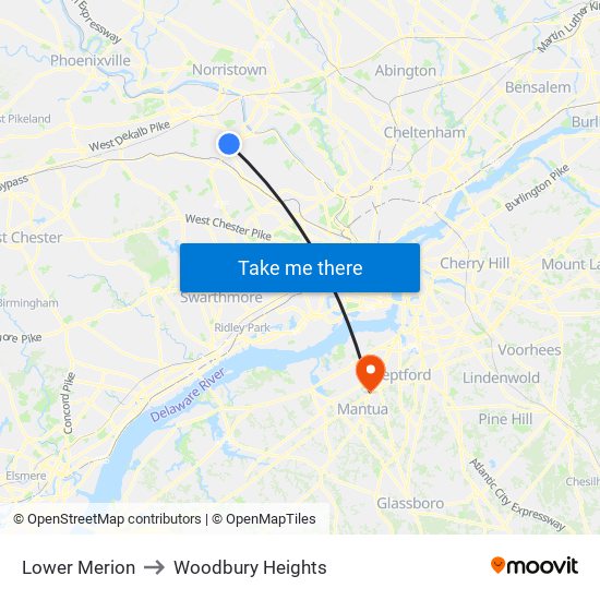 Lower Merion to Woodbury Heights map
