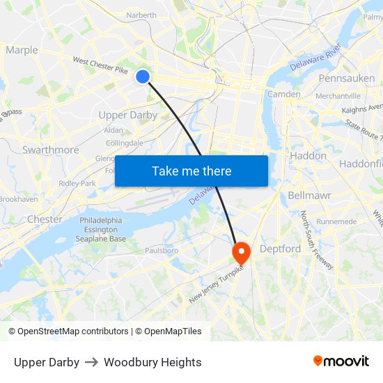 Upper Darby to Woodbury Heights map