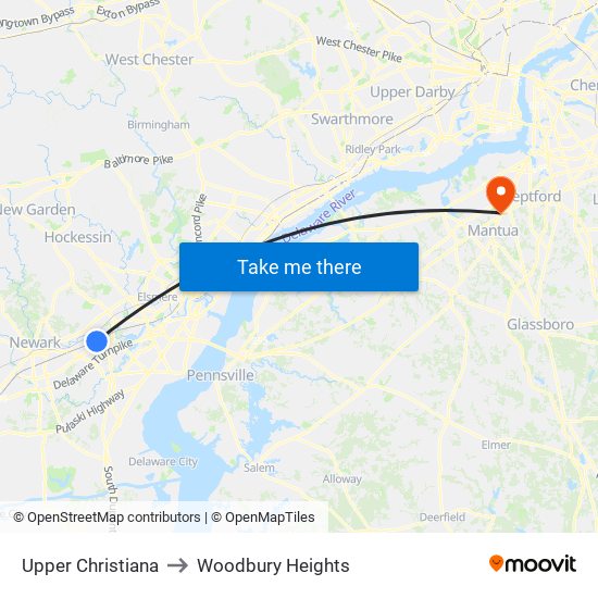 Upper Christiana to Woodbury Heights map