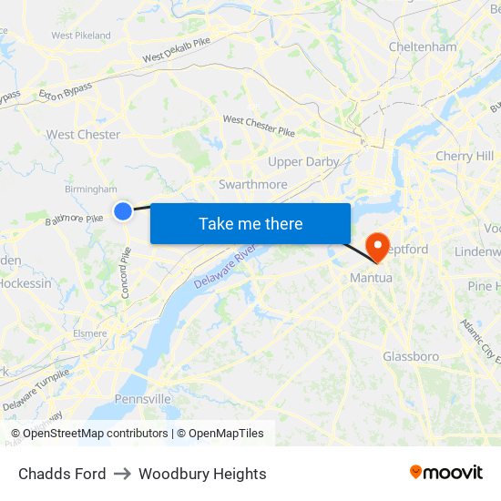 Chadds Ford to Woodbury Heights map