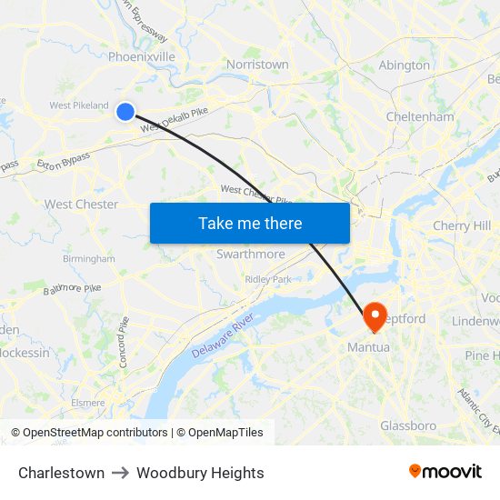 Charlestown to Woodbury Heights map