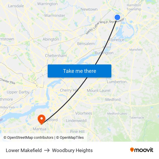 Lower Makefield to Woodbury Heights map