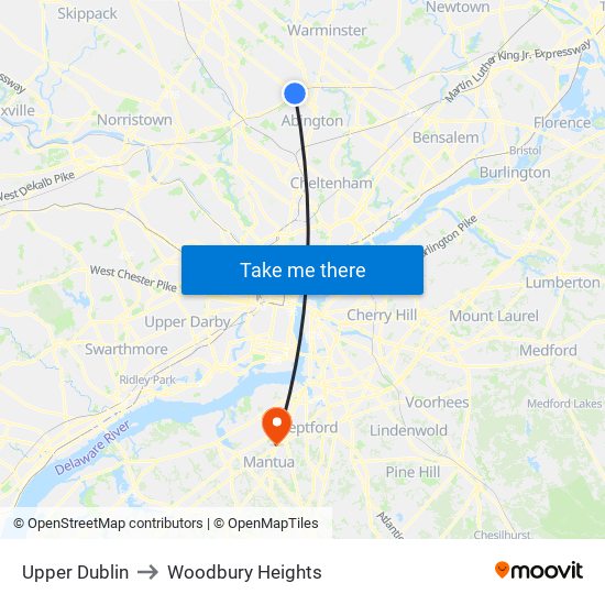 Upper Dublin to Woodbury Heights map