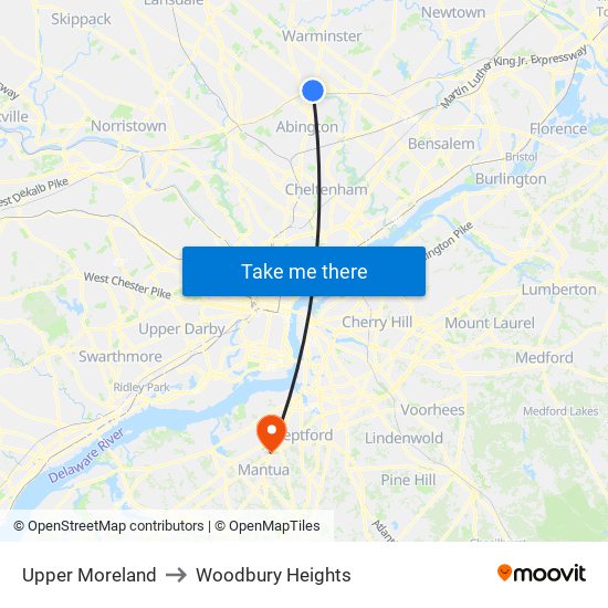 Upper Moreland to Woodbury Heights map