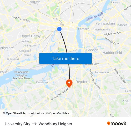 University City to Woodbury Heights map