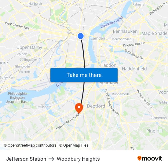 Jefferson Station to Woodbury Heights map