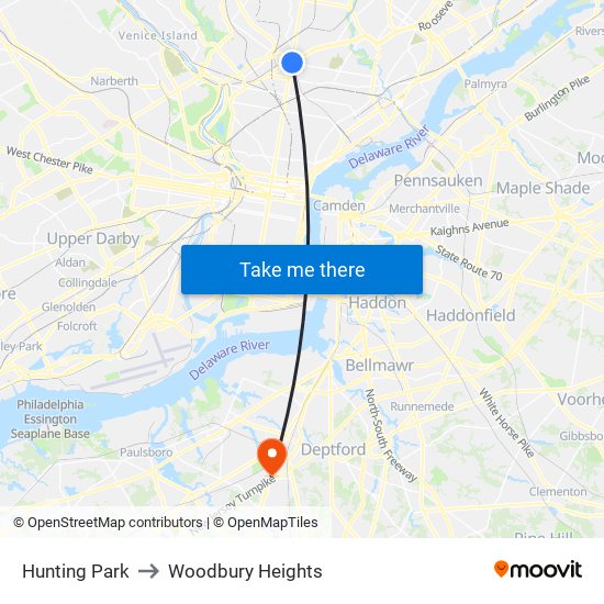 Hunting Park to Woodbury Heights map