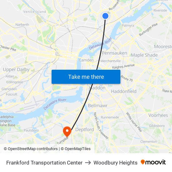 Frankford Transportation Center to Woodbury Heights map